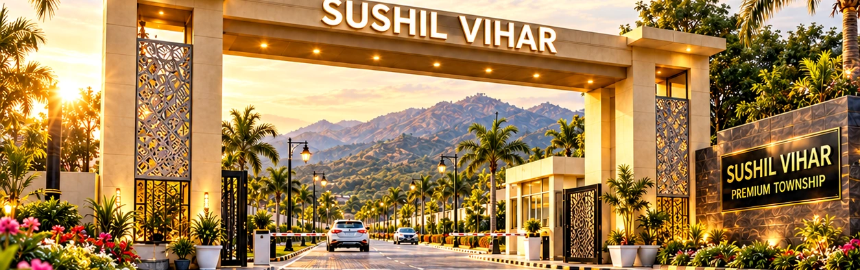 Architectural visualization of the Sushil Vihar grand entrance and landscaped approach road